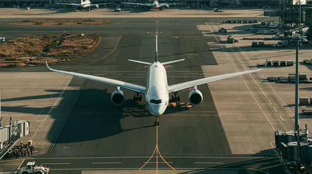 航空航空飞机俯拍特写照片一架A350飞机在跑日历背景图高清素材1170