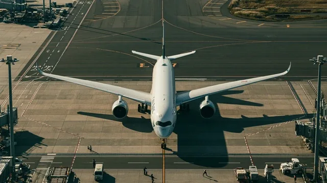 航空航空飞机俯拍特写照片一架A350飞机在跑日历背景图高清素材1169