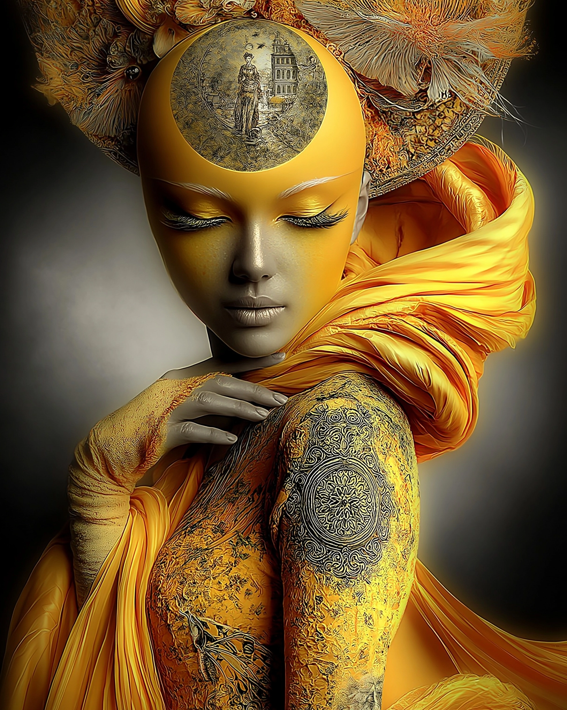 艺术金色月亮女王在梦境与现实之间超现实主义风格的概念日历背景图高清素材423