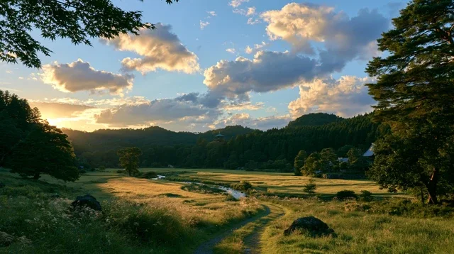 风景森林夏天的黄昏时分明治时代的农村日历背景图高清素材69
