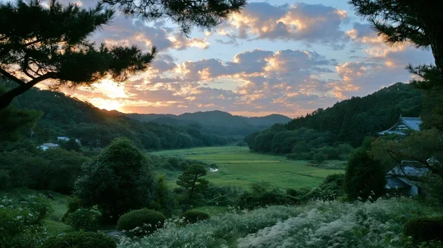 风景森林夏天的黄昏时分明治时代的农村日历背景图高清素材70