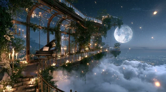 浪漫室内夜晚漂浮在云层之上的窗边有三角钢琴日历背景图高清素材277