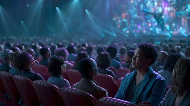 影视从黑暗氛围感大厅中观座位是浓郁的红色人们大部分从腰部以上日历背景图高清素材525